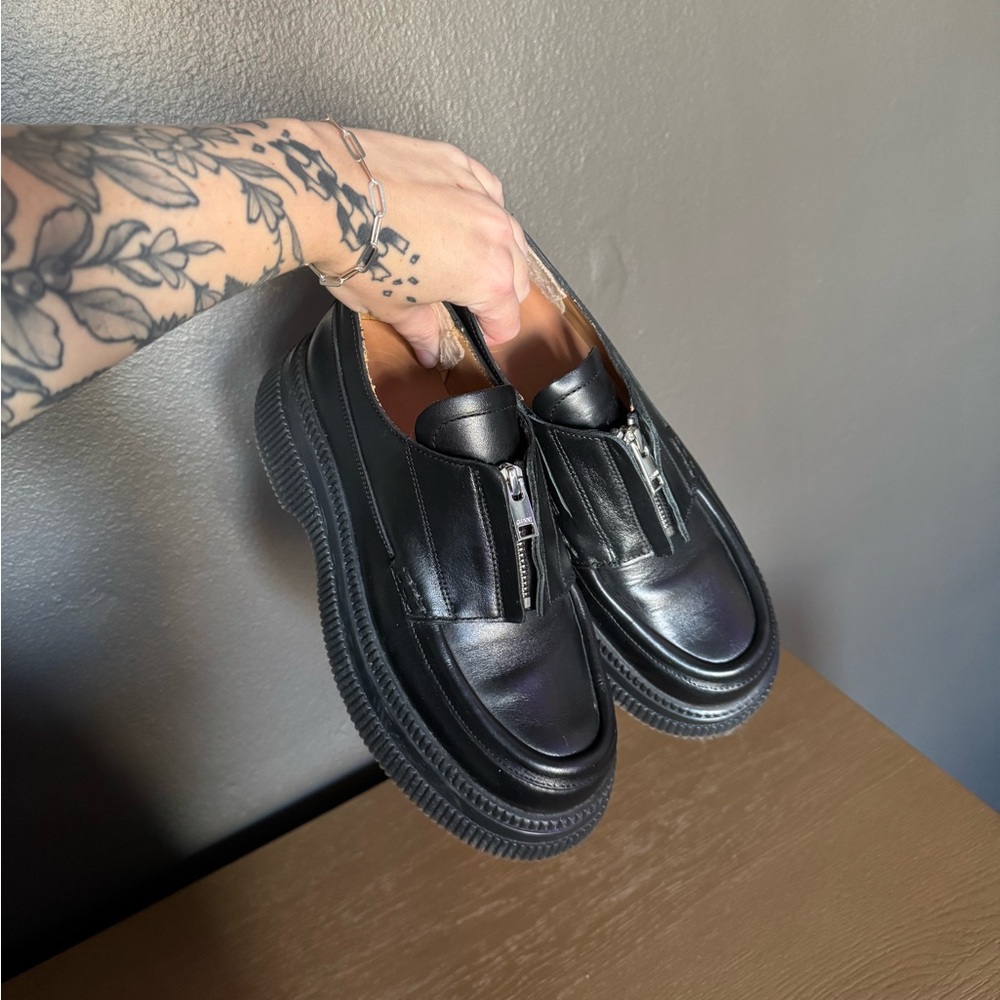 Ganni Black Leather Zip-Front Loafers